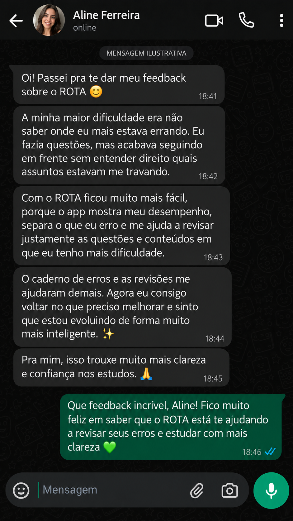 Depoimento de Aline Ferreira: "O app mostra meu desempenho, separa o que eu erro e me ajuda a revisar justamente as questões e conteúdos em que eu tenho mais dificuldade."