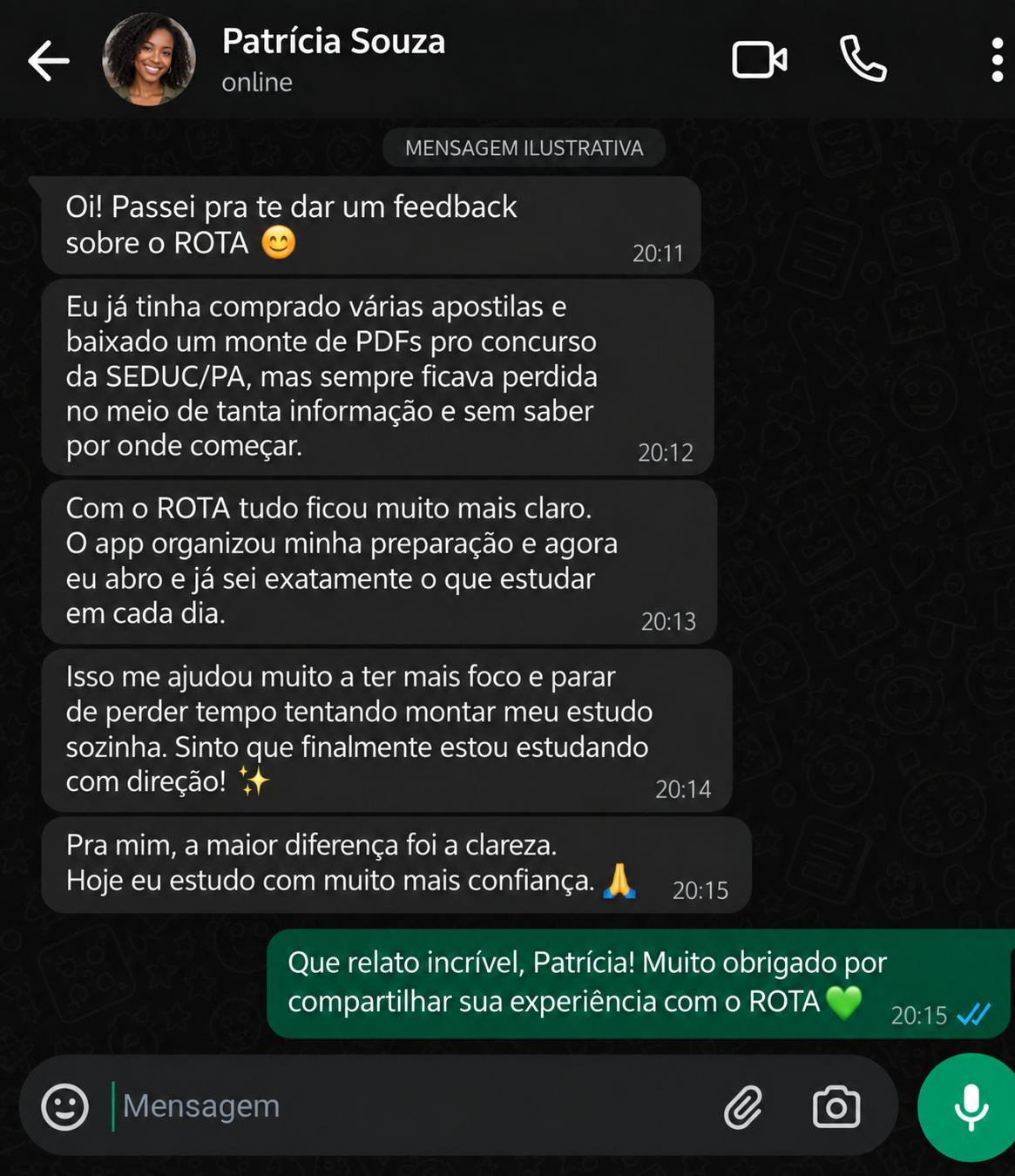 Depoimento de Patrícia Souza: "Com o ROTA tudo ficou muito mais claro. Agora eu abro e já sei exatamente o que estudar em cada dia."